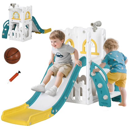AIYAPLAY 5-in-1 Children's Slide with Basketball Hoop Telescopic & Climbing Rack, 70x177x92 cm Yellow 1-3 Years