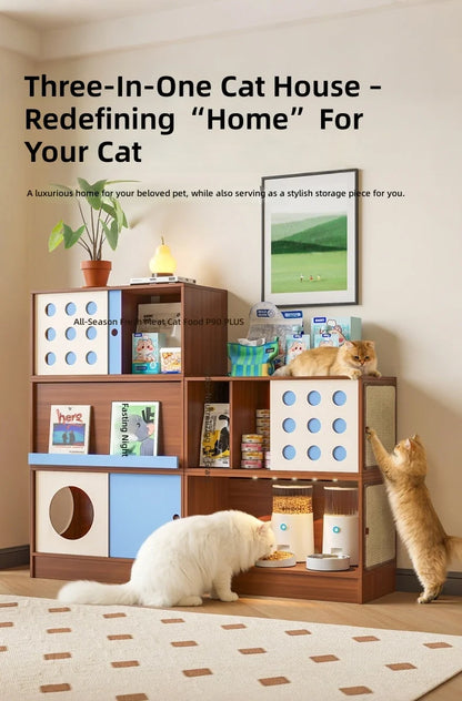 Triple-Function Cat House with Litter Box & Storage,Human-Pet Shared Furniture,Cat Tree Hut, Indoor Cat Den,Multi-Level Cat Fort