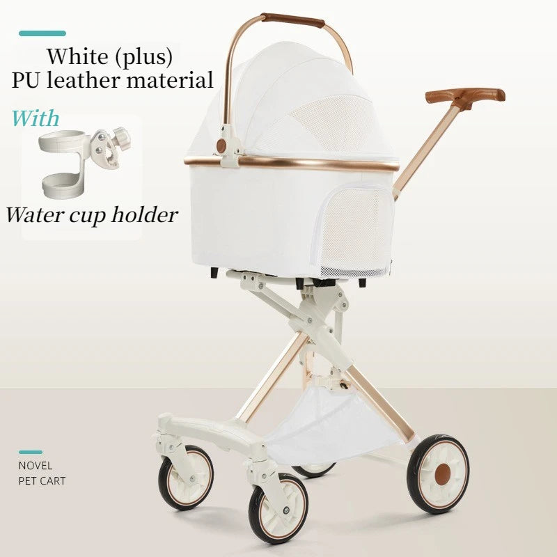 Foldable Dog Stroller Milk White PU Waterproof High Landscape Pet Stroller Outdoor Travel Pet Trolley Bearing Weight 15 KG