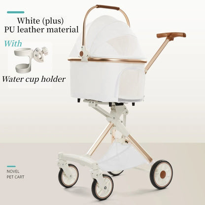 Foldable Dog Stroller Milk White PU Waterproof High Landscape Pet Stroller Outdoor Travel Pet Trolley Bearing Weight 15 KG