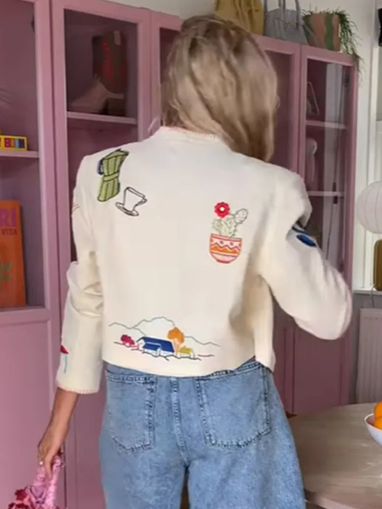 Embroidered Print Cropped Woolen Jacket Women Casual O Neck Full Sleeve Outwear 2025 Autumn Lady Daily Commuting Street Jackets