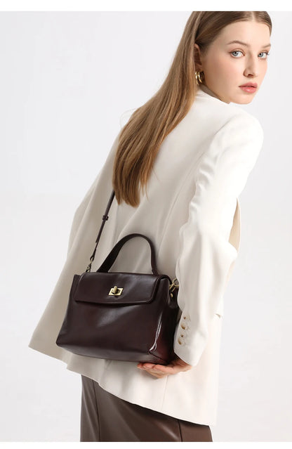 Genuine Leather Top Handle Crossbody Bag for Women Vintage Oil Wax Leather Shoulder Bag Small Luxury Designer Satchel Handbag