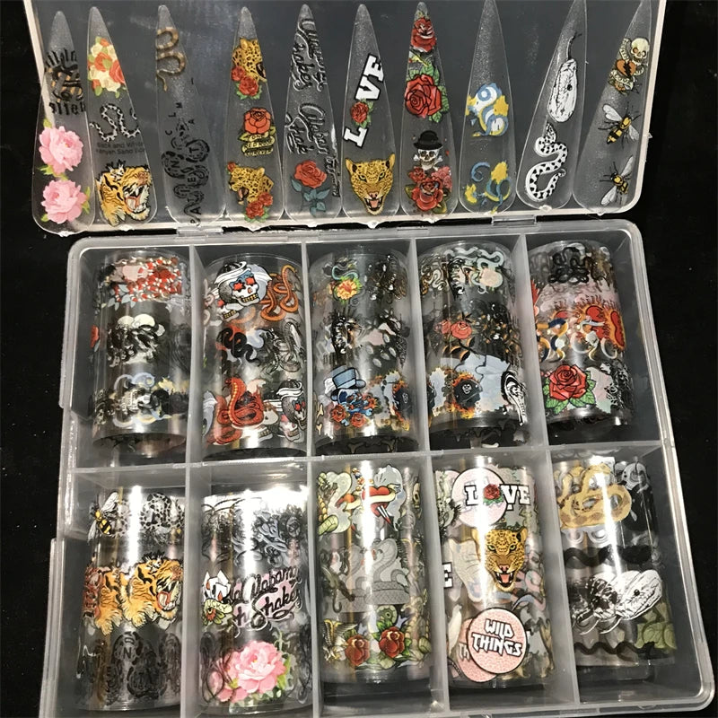 10 Patterns New Metal Nail Foils for Transfer Paper Stickers Floral Chameleon Nails Wraps DIY Water Marble Nail Art Decorations