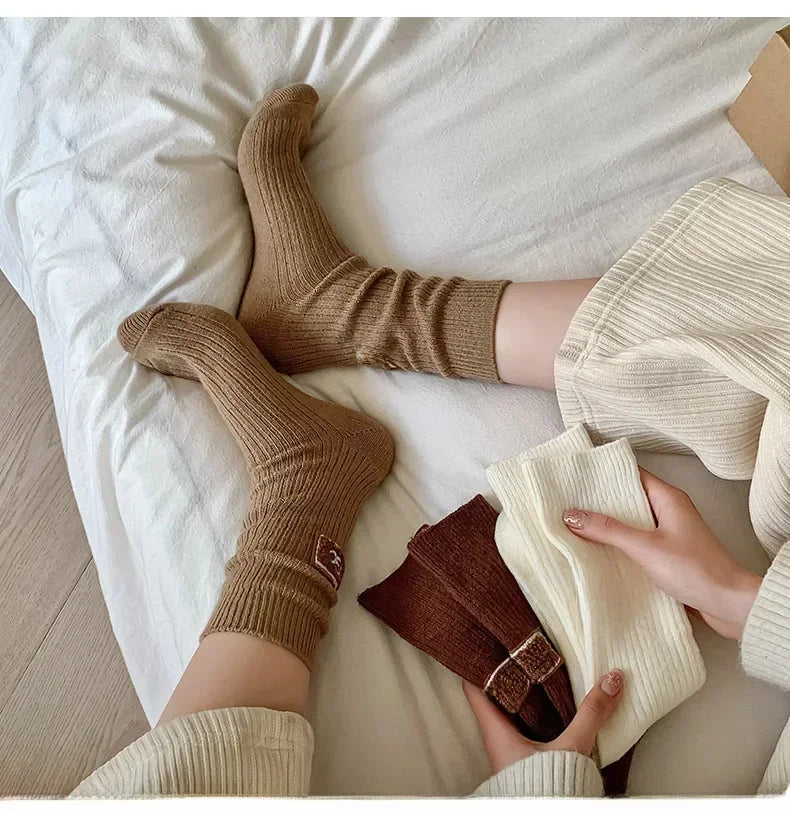 1/3Pairs Winter Thick Warm Padded Socks Solid Color Mid Calf Socks Women’s Casual Embroidered Logo Pile Socks Cold Weather Wear