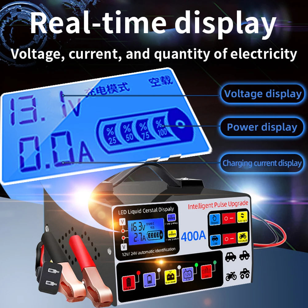 400A Intelligent Pulse Repair Charger Battery High Power Fast Charger 12V/24V Five-Stage Full Automatic Car Battery Charger 220W