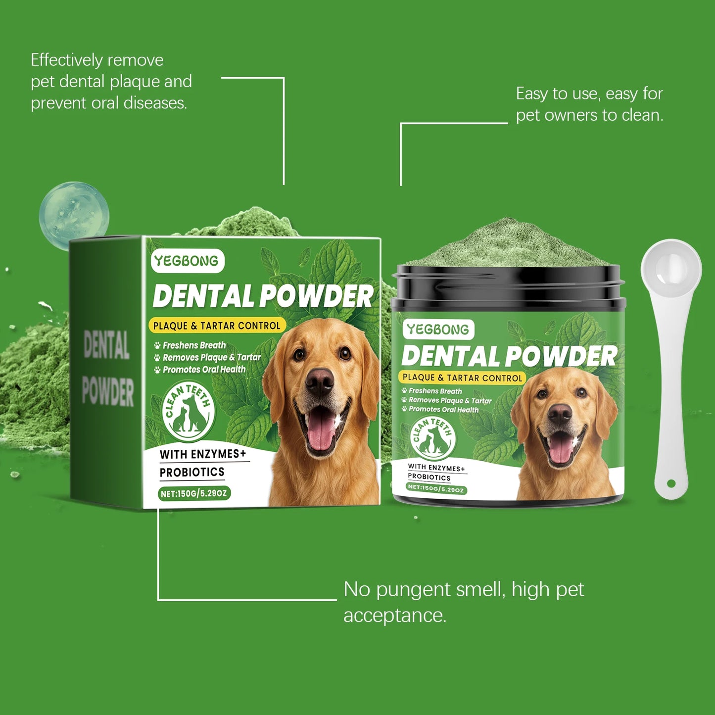 150g Mint Dog Dental Cleaning Powder Gentle Remove Teeth Stain Prevent Plaque Tartar Removal Refreshing Breath Dog Teeth Cleaner