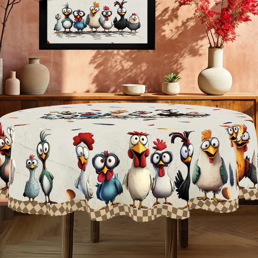 Cute Crazy Chicken Polyester Tablecloth, Featuring Various Adorable Chicken Patterns in Different Colors, Colorful Feathers, Egg Prints, Embossed Edges, Waterproof, Wrinkle-Resistant, Fade-Resistant, Suitable for Rectangular