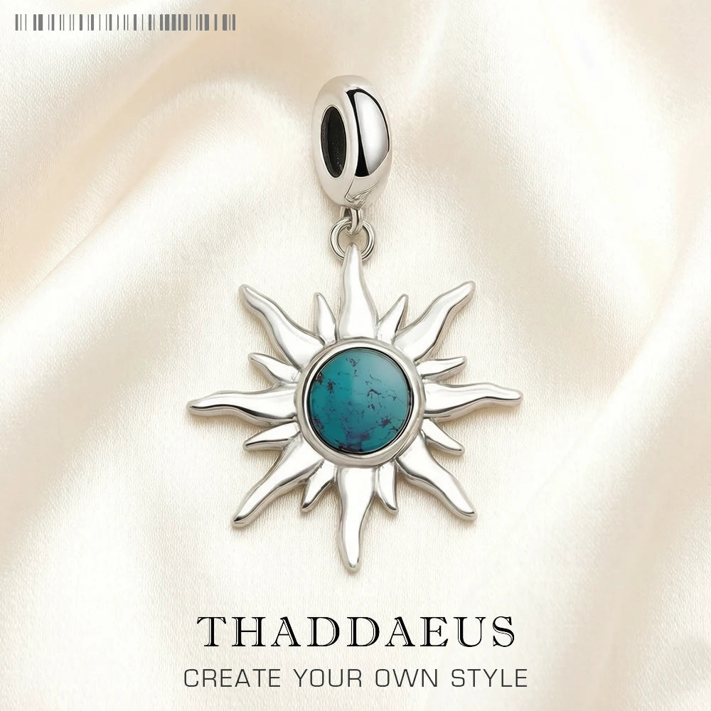 Blue Stone Sun Dangle Charm For Women Men 925 Sterling Silver Pendant Jewelry Trendy Gift