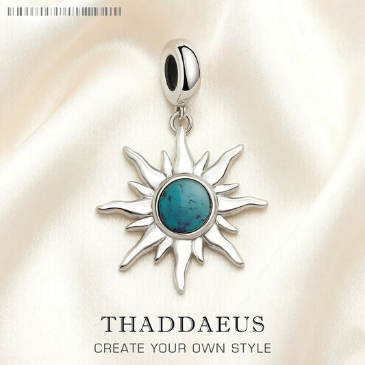 Blue Stone Sun Dangle Charm For Women Men 925 Sterling Silver Pendant Jewelry Trendy Gift