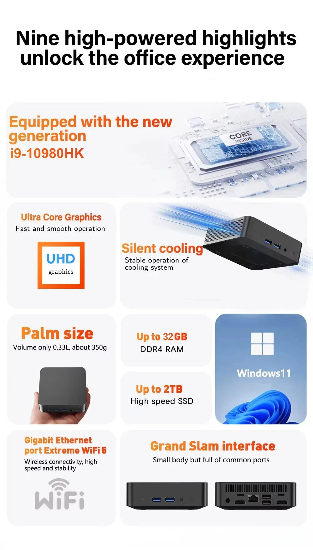 2026 New Powerful Slim Mini PC Core Windows 11 Pro I9‑8950HK 32GB RAM 1TB 2TB SSD WiFi6 BT5.2 4K