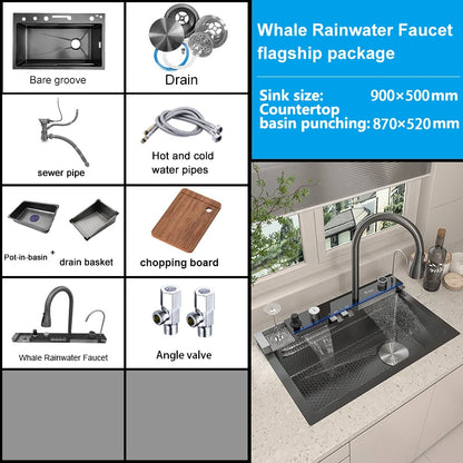 Household Waterfall Digital Display Kitchen Sink Stainless Steel Multifunction Wash Dish and Vegetables Basin Large Single Slot