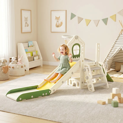 4-in-1 foldable slide with a climbing element, basketball hoop, storage space, and a basketball for children aged 1 to 3, cream white
