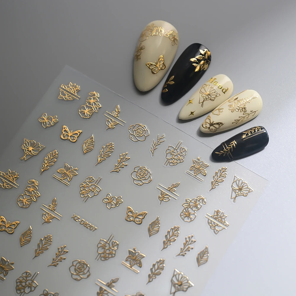12Pcs 3D Gold Exquisite Flower Leaf Nail Art Stickers Metallic Floral Leaves Self-Adhesive Nail Decals DIY Retro Manicure Decor