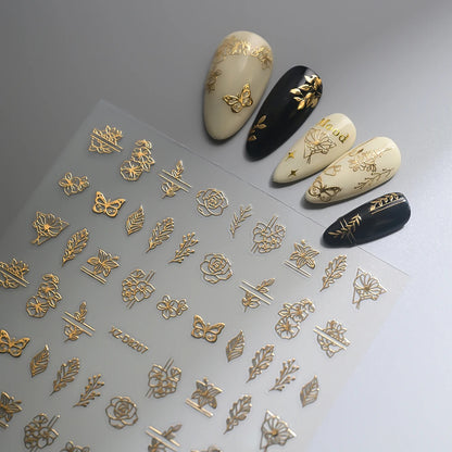 12Pcs 3D Gold Exquisite Flower Leaf Nail Art Stickers Metallic Floral Leaves Self-Adhesive Nail Decals DIY Retro Manicure Decor
