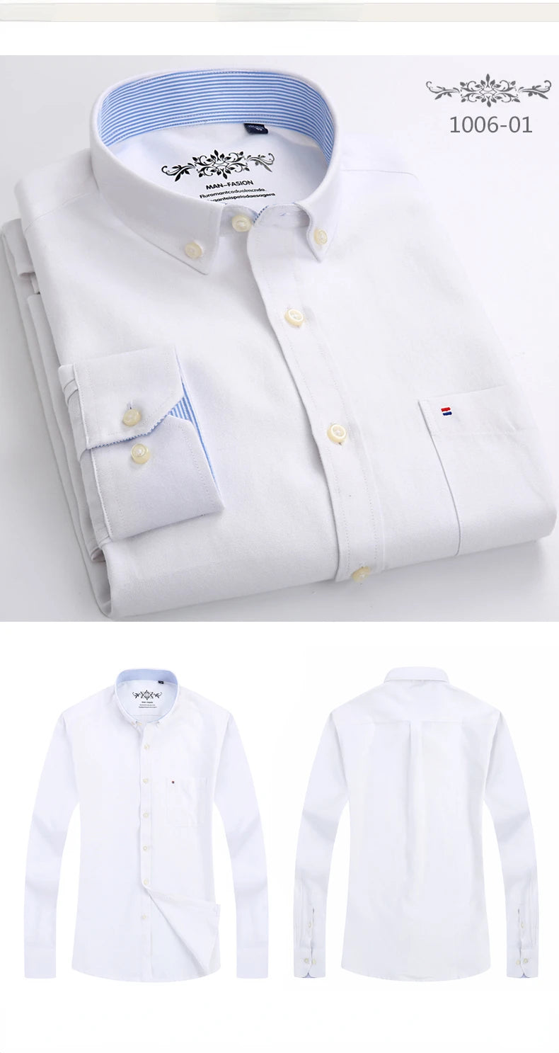 Classic Fit Cotton Full Casual Shirts for Men Solid Color Long-Sleeve Plain Shirt Single Pocket Top Soft Slim Fit Formal Clothes