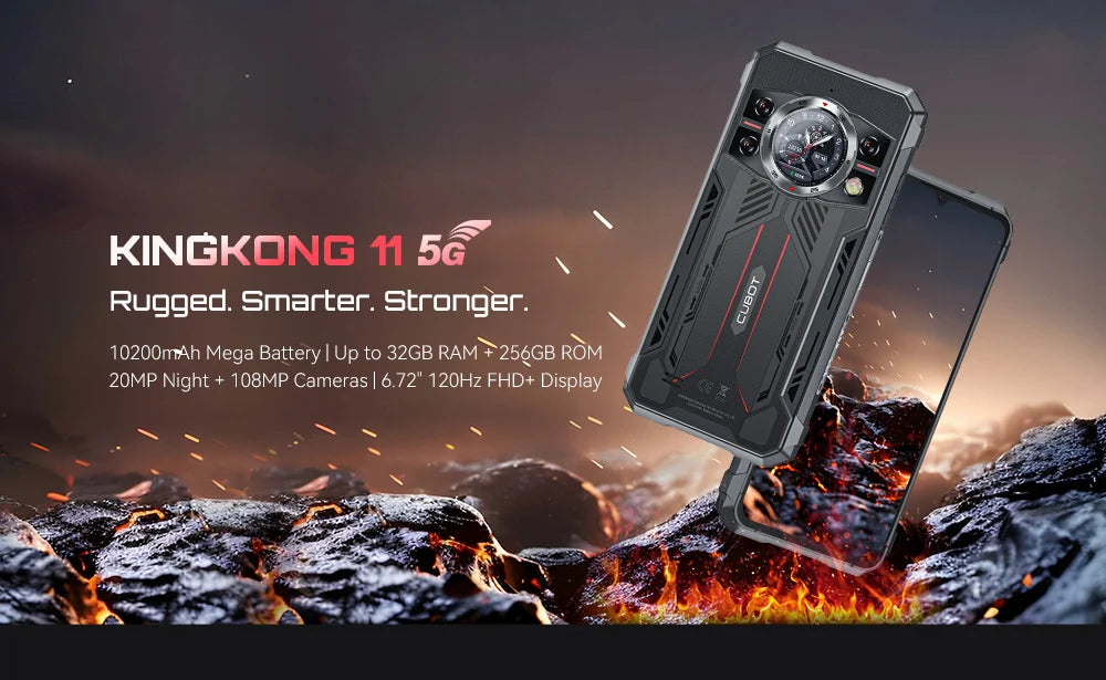 Cubot Rugged Smartphone 5G King Kong 11, Android 15, Up to 32GB RAM+256GB ROM, 108MP Camera, 10200mAh, Dual Screen, MTK7025, 6nm