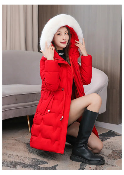 Hooded Women Parkas Coats Mid LenthJackets  Oversize Solid Fur Collar Zipper Drawstring Waist Loose Casual 2025 Autumn Winter