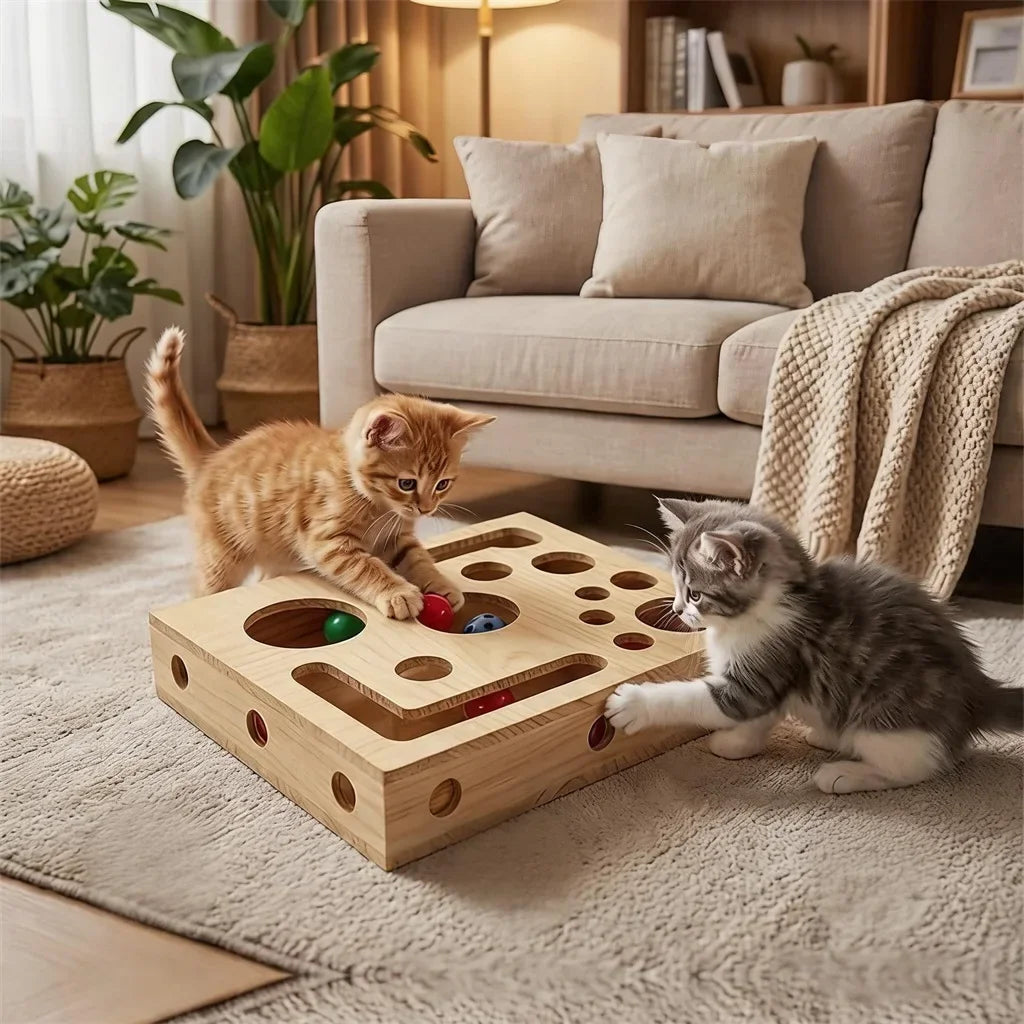 Cat Scratching Puzzle Toys, Wooden Set with 3 Bell Balls, for Indoor Cats To Scratch, Stimulate Intelligence, and Relieve Boredom.