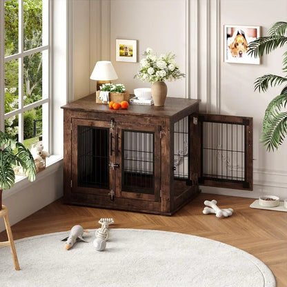 Garvee Wooden Dog Crate Furniture 80×60×66cm, Rustic Brown Pet Kennel with Openable Top and Double Lockable Doors, Bite Resistant Escape Proof Indoor Dog House Side Table