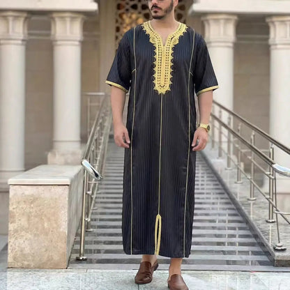 Muslim Men's Morocco Gandoura Thobe Loose Short Sleeves Gorgeous Embroidery Comfortable Islamic Men's Traditional Clothing Party