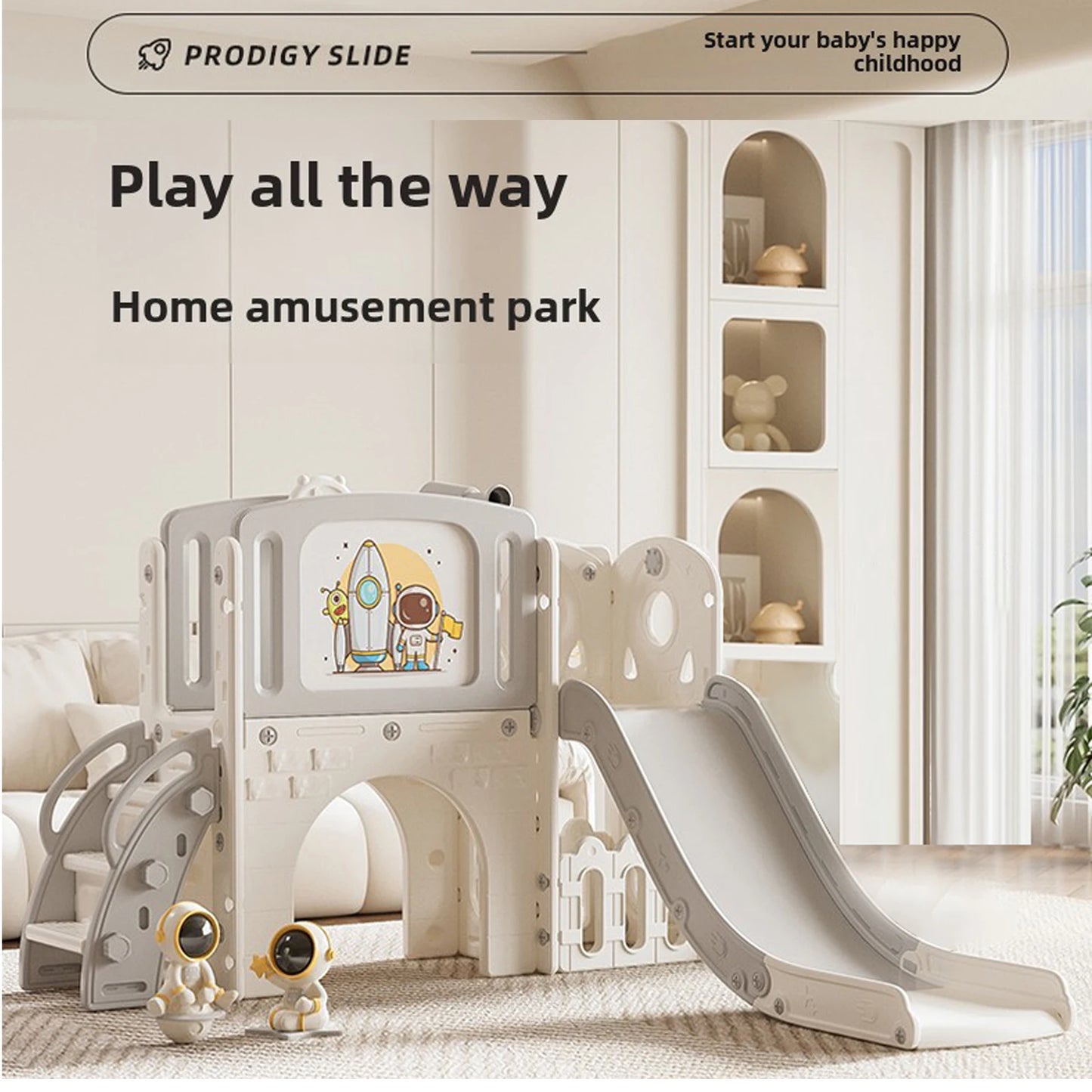 Kids Slide Indoor Playground Set 6-in-1 Toddler Climber Playset with Extra Long Slide Basketball Hoop Crawl Tunnel Telescope & Steering Wheel HDPE Home Activity Center for Ages 1+