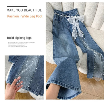 Women Jeans Pants Baggy Jeans Spring Flare Trousers Lace Applique Crystal Wide Leg Pearl Slit Distressed Design