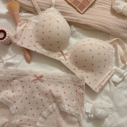 Teenage Sexy Lace Floral Bra Set Comfortable Non-steel Ring Beauty Back Small Breasts Gathered up Support Anti-Sagging Bra Set