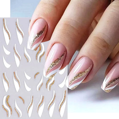 1pcs Gold Glitter French Design Nail Stickers White Silver Curve Lines Stripe Wave Nail Decals Slider Reflective Manicure Wraps