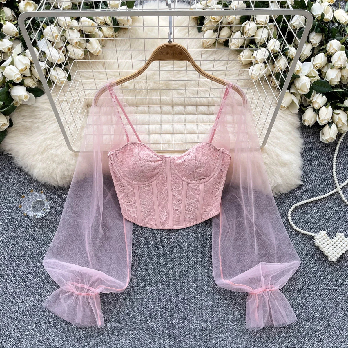 Women Chic Lace Mesh Sheer  Long Sleeve Backless Crop Top Solid Slim Sexy Korean Fashion Summer Women Shirt Square Collar