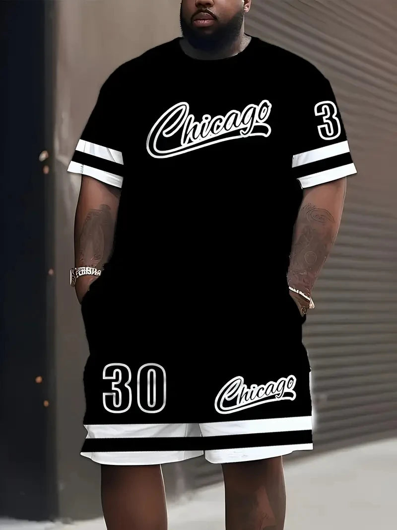 Men's Sports Short Sleeve Top Shorts Set Plus Size Breathable Basketball Sports Clothing Letter Print T-shirt Shorts 2-piece Set