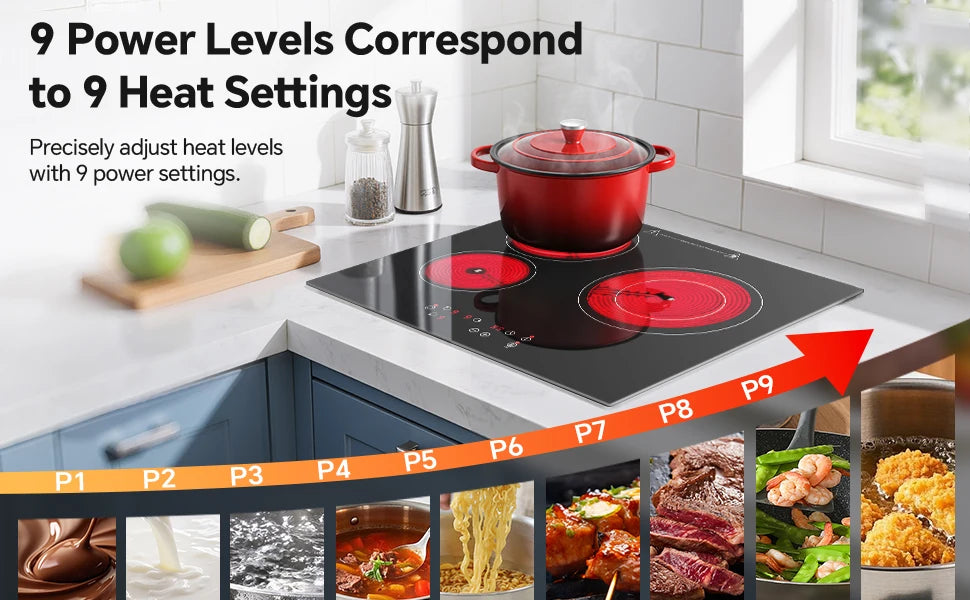2-Zone Ceramic Hob, 3000W with Child Lock, 9 Heat Levels, 1-99min Timer, Black (CE Certified)