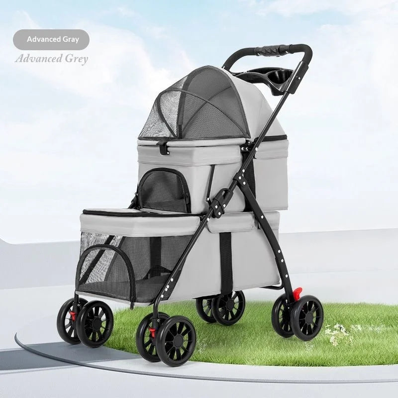 Dual‑Layer Pet Stroller Foldable Travel Dog Cat Cart Breathable Mesh Wagon with Cup Holder Storage Bag for Small Animals