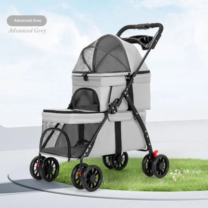 Dual‑Layer Pet Stroller Foldable Travel Dog Cat Cart Breathable Mesh Wagon with Cup Holder Storage Bag for Small Animals