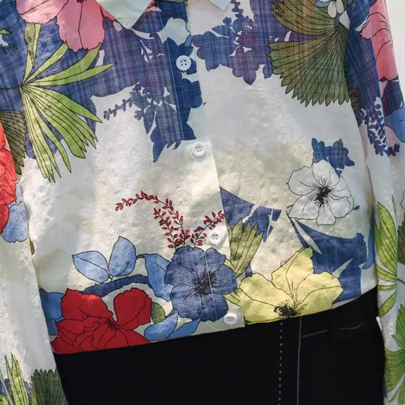 Blue Floral Print Vintage Polo-Neck Single Breasted Long Sleeve Women's Blouse Shirt Casual Female Clothing Tops Fashion 2024