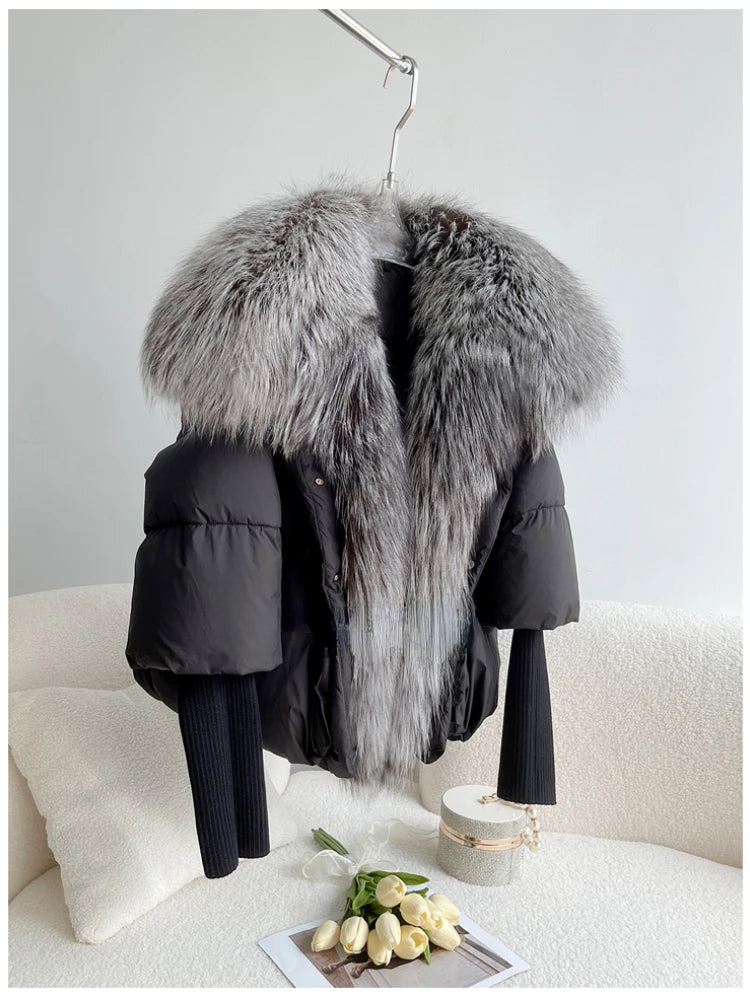 Oversized Winter Warm Real Fox Fur Collar Black Down Coat Women Puffer Outerwear Jackets 2024 Autumn Winter