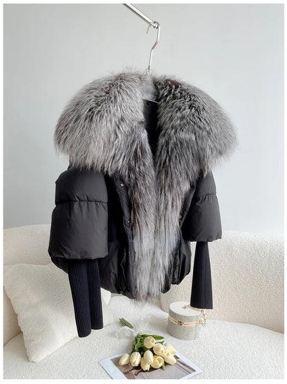Oversized Winter Warm Real Fox Fur Collar Black Down Coat Women Puffer Outerwear Jackets 2024 Autumn Winter