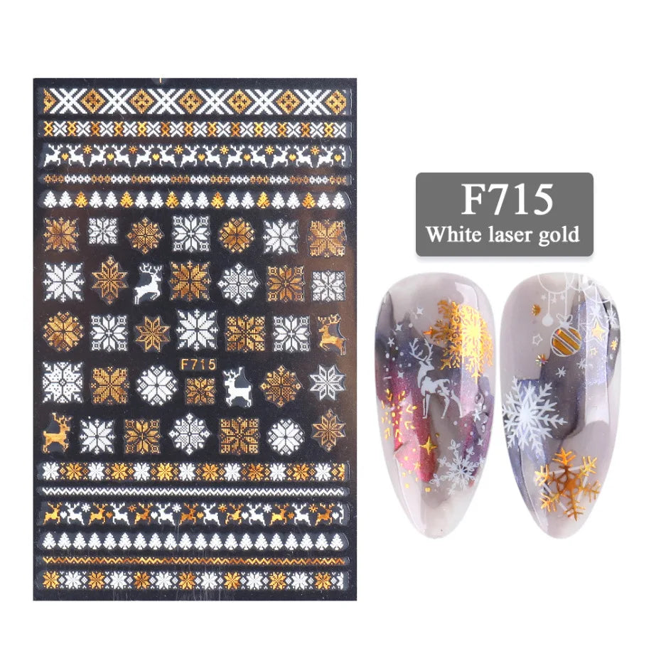 1PCS New Christmas Decorations 2023 New Year Nail Stickers Press on Nails Laser Snowflake Christmas Tree 3D Nail Decal
