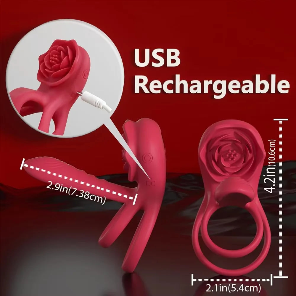 Rose Cock Ring Vibrator G Spot Nipple Clitoral Stimulator Male Penisring Delay Ejaculation Sex Toys for Couple 18+
