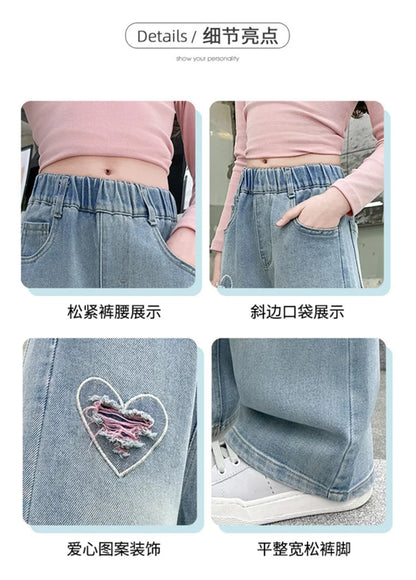 New 4-14 Years Spring Autumn Teenage Girls Jeans Full Print Bow Embroidery Fashion Wide-leg Denim Pants For Kids