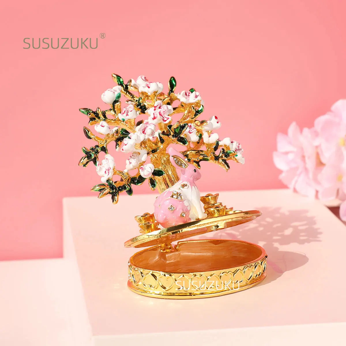 Cherry Blossom Tree Crystal Hinged Jewelry Box Little White Rabbit Necklace Earrings Nail Ring Box