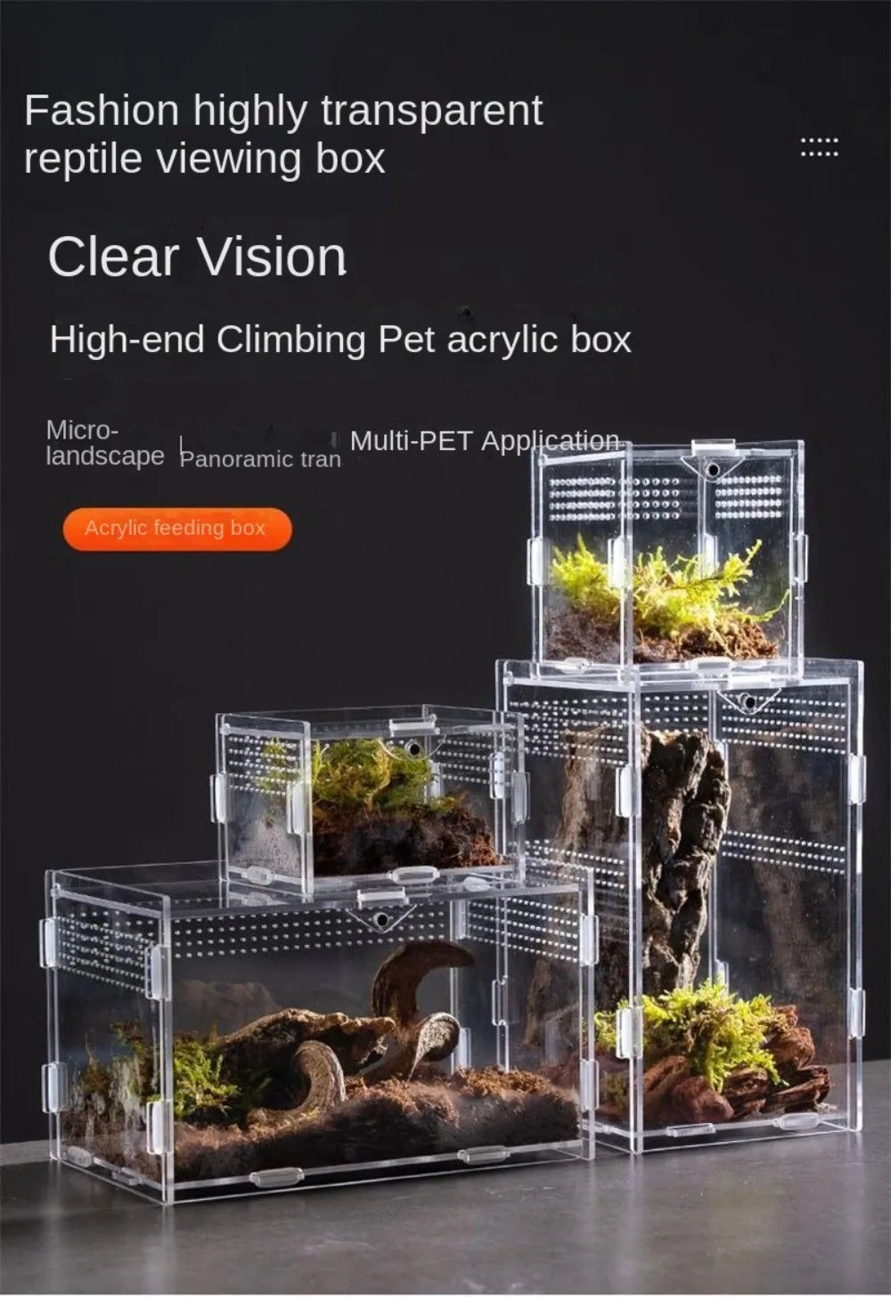 New Acrylic Reptile Habitat Anti-Escape Clear Spider Feeding Case Multiple Size Arboreal Small Pet Cage for Chameleon Clear