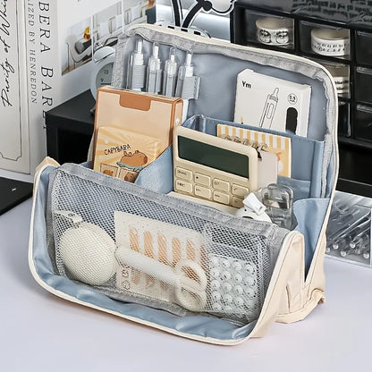 Washable Pencil Case Organizer, Large Capacity Multi Compartment Mesh Pocket Storage Bag for School Office Travel, Unisex Gift