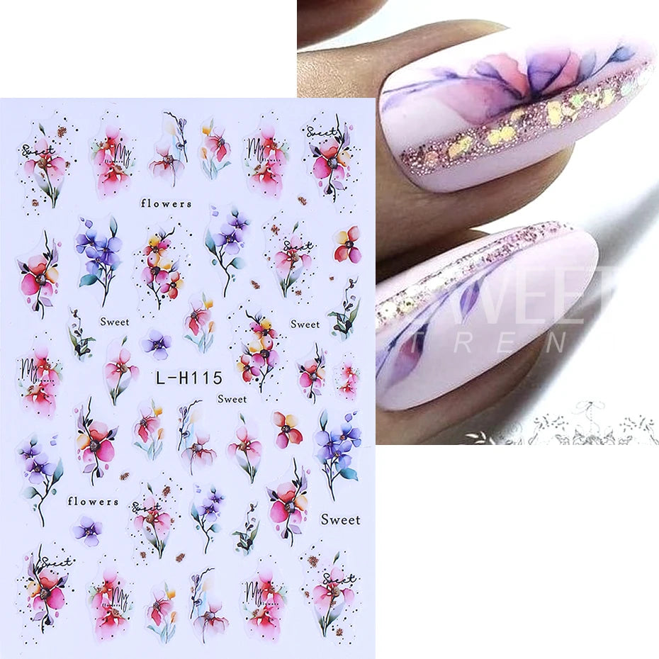 12pcs 3D Geometry Flower Leaf Nail Stickers Summer Ink Blooming Flowers Decal Slider for Nail Art Supplies Manicure Decoration
