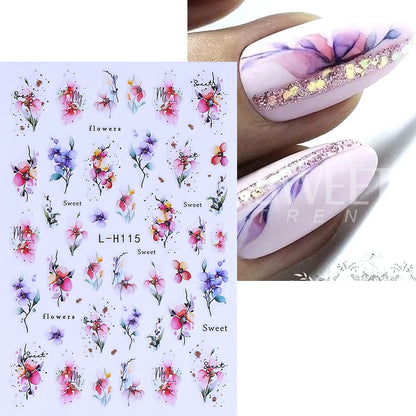 12pcs 3D Geometry Flower Leaf Nail Stickers Summer Ink Blooming Flowers Decal Slider for Nail Art Supplies Manicure Decoration