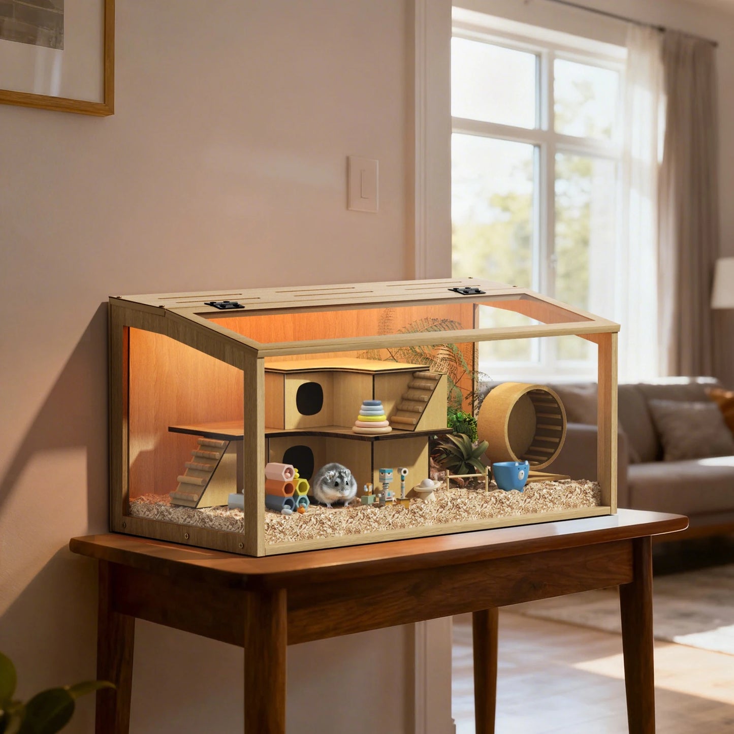 Large Wooden Hamster Cage Clear Tempered Glass Pet Small Animal Habitat Cage Playful Hutch House