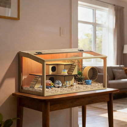 Large Wooden Hamster Cage Clear Tempered Glass Pet Small Animal Habitat Cage Playful Hutch House