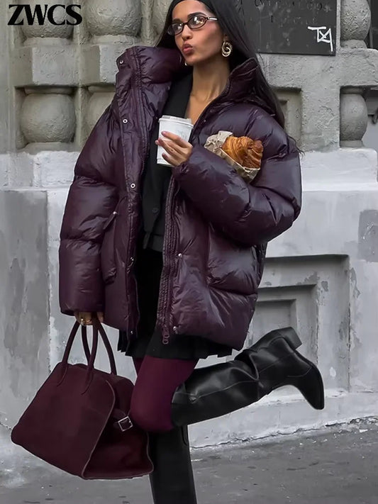 Vintage Zipper Cotton Coat Women Hooded Full Sleeve Pockets Drawstring Overcoats 2025 Winter New Lady Fashion Warm Streetwear