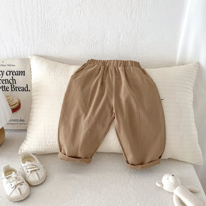 Toddler Girl Cotton Pleated Harem Pants 1-6Y Kids Boys Solid Color Casual Roll Up Trousers Comfy Elastic Waist Kids Bottoms