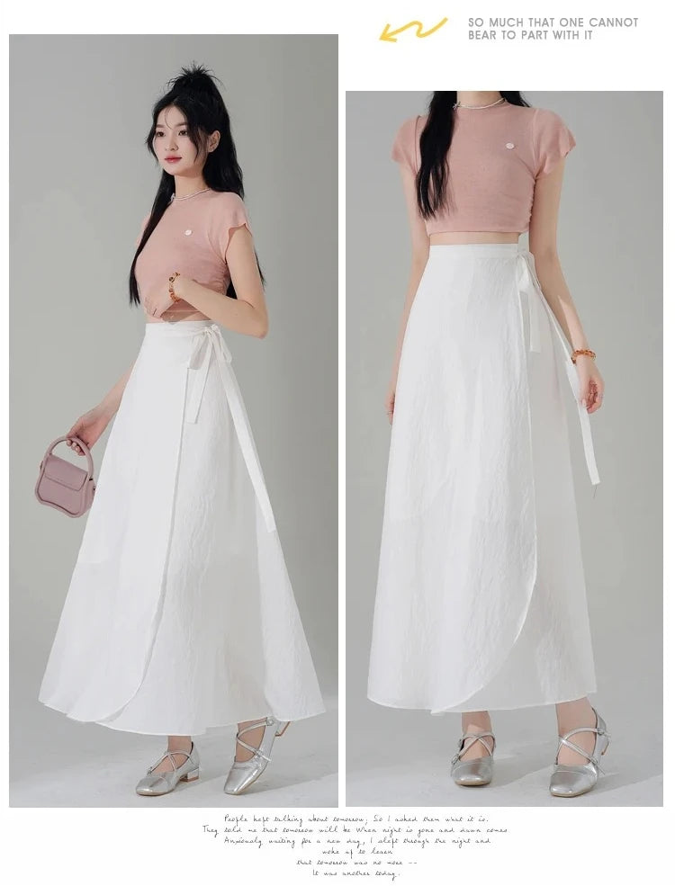 Chic Korea Clothes Summer Women Cute Sweet GIrls Solid Robe Holiday Date High Waist Retro Vintage Wrap One-Piece Lace-Up Skirts