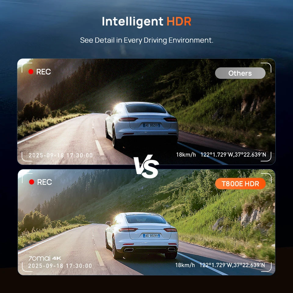 70Mai T800E 3-Channel Dash Cam Front 4K + Rear 1080P + Interior 1080P Hdr Supercapacitor 24H Parking Gps Voice Control Wi-Fi6